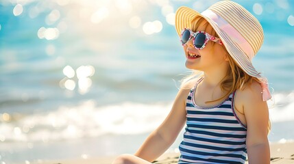 Sticker - Pretty little girl in a striped dress and hat relaxing on the beach near sea summer vacation travel concept smiling cute little girl on beach vacation Baby girl in hat and sun glasses  : Generative AI