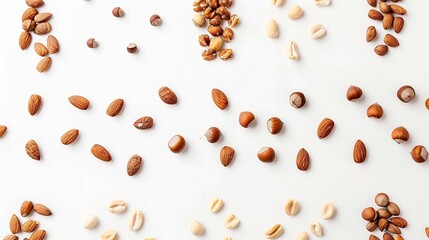 Wall Mural - Creative layout made of hazelnut nuts almonds walnut peanut cashew on white backgroundFlat lay Food concept : Generative AI