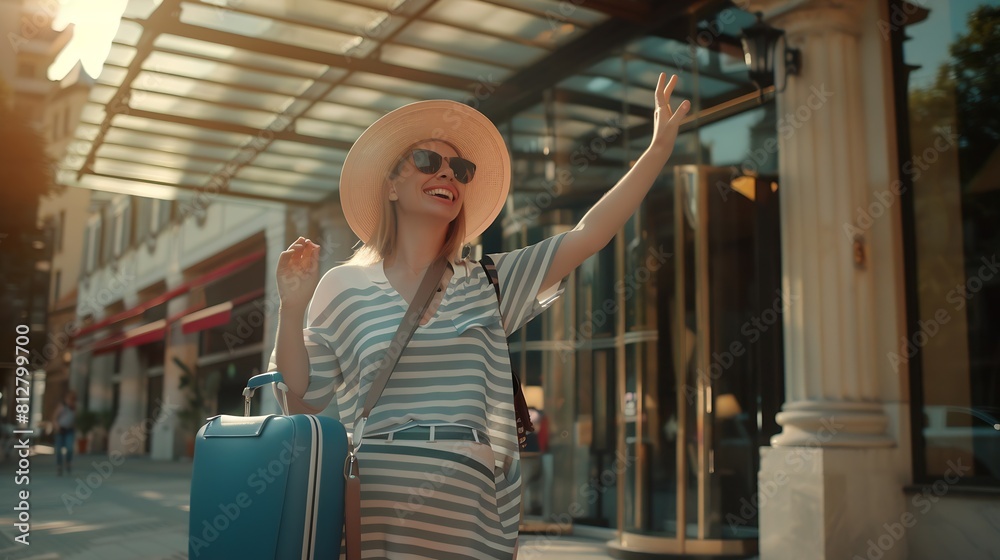 Smiling tourist woman hailing for a taxi while standing with her ...