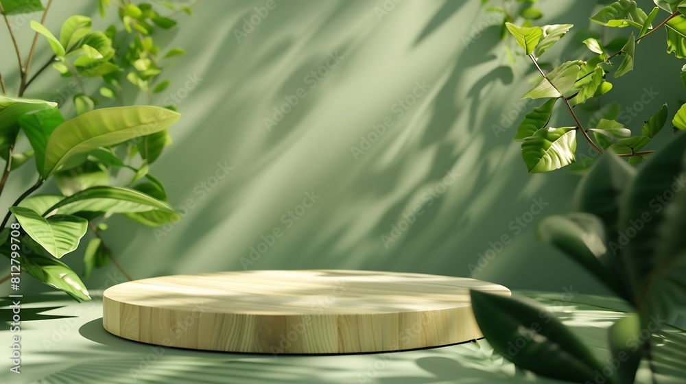 Wood product display podium with nature green leaves for presentation ...