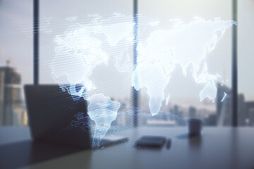 Poster - Double exposure of abstract digital world map and modern desk with computer on background, big data and blockchain concept