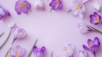 Poster - flower layout from spring flowers crocus on a pastellilac background Top view and copy space : Generative AI