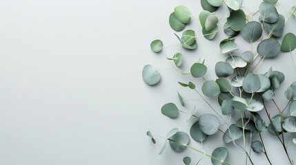 Poster - Natural green eucalyptus branches on empty light grey background with copy space Trendy layout with fresh plant Eco spring concept Skin care product advertising Top view minimal compos : Generative AI