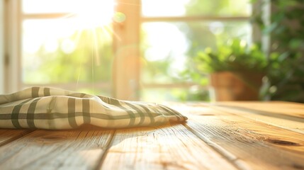 Poster - Stylish and Versatile Rustic chic Use This Wooden Table and Napkin for Any Marketing Material Wrinkled tablecloth front view mockup perspective Sunny day background : Generative AI
