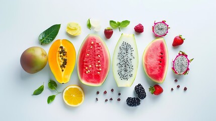 Poster - Creative layout made of summer fruits  Tropical flat lay Food concept Melon watermelon mangosteen dragonfruit and  loganberry on white background : Generative AI