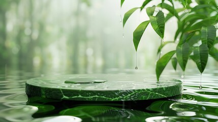 Aufkleber - Empty round podium pedestal green leaves against the background of water with drops and ripples : Generative AI