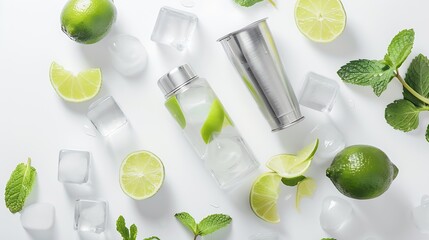 Poster - Flat lay composition with fresh juicy limes mint ice cubes and cocktail shaker on white background : Generative AI