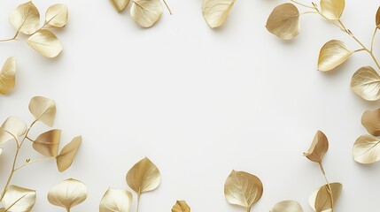 Aufkleber - Borders of the frame of gold branches eucalyptus leaves on a white background flat layout top view : Generative AI