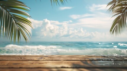Wall Mural - Summer tropical sea with waves palm leaves and blue sky with clouds Perfect vacation landscape with empty wooden table : Generative AI