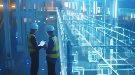 Poster - Industry 40 Modern Factory Two Engineers in Empty Warehouse Use Digital Tablet Computer with Augmented Reality Software For a Room Mapping Doing 3D Factory Floor Layout High Angle Shot : Generative AI