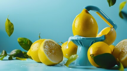 Wall Mural - Blue painted lemons with yellow juice squeezer and fresh leaves against pastel blue background Creative lemonade or natural smoothie concept Minimal juice bar or healthy vegetarian die : Generative AI