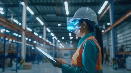 Poster - Industry 40 Modern Warehouse Female Engineer in Empty Warehouse Uses Digital Tablet Computer with Augmented Reality Software for Future Factory or Warehouse Layout Concept Shot of Augm : Generative AI