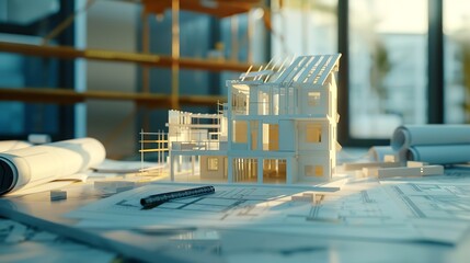 Fototapete - Construction housing project real estate concept Residential building blueprint plans Architect engineer office desk copy space template : Generative AI