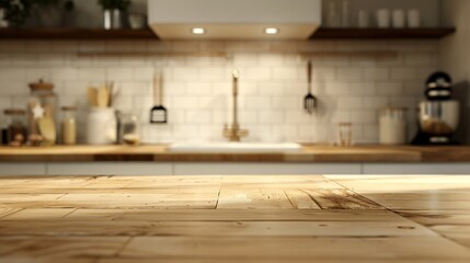 Wood table top on blur kitchen counter room background For montage product display or design key visual layout : Generative AI