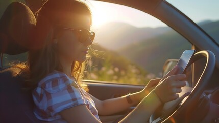 Wall Mural - Young beautiful woman traveling by car in the mountains using smartphone at sunset summer vacation and adventure : Generative AI