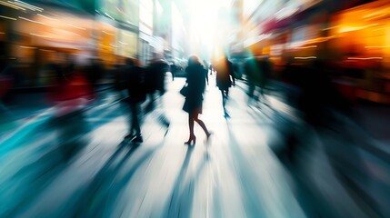 Poster - Beautiful motion blur of people walking in the morning rush hour busy modern life concept Suitable for web and magazine layouts : Generative AI