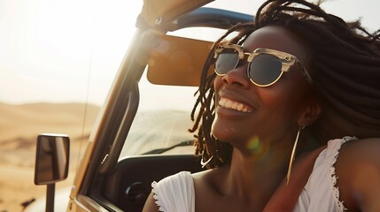 Wall Mural - Relax black woman on road trip happy with view of desert and transport in jeep or car on holiday in Cairo Travel adventure drive smile in summer vacation and explore freedom of nature  : Generative AI