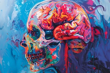 Poster - Vibrant Cerebral Expressionism Colorful Skull and Brain