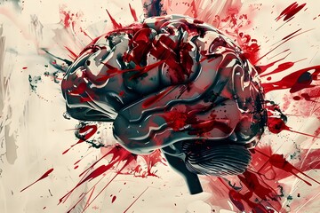 Fototapete - Brain Anatomy in Neo Expressionist Painting Style with Splattered Red Paint Representing Intensity of Cerebral Cognition and Psyche