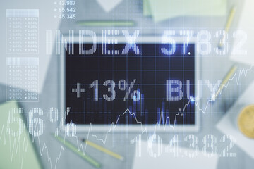 Poster - Abstract creative financial graph and modern digital tablet on background, top view, forex and investment concept. Multiexposure