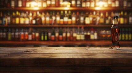 Poster - Empty wooden bar counter with defocused background and bottles of restaurant bar or cafeteria background for your product display : Generative AI