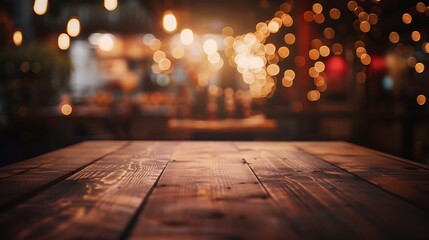 Aufkleber - Empty dark wooden table in front of restaurant abstract blurred bokeh background can be used to demonstrate or mount your products Layout for space : Generative AI