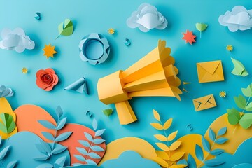 Aufkleber - Papercut Style Social Media Marketing Concept with Megaphone Email and Smartphone Devices