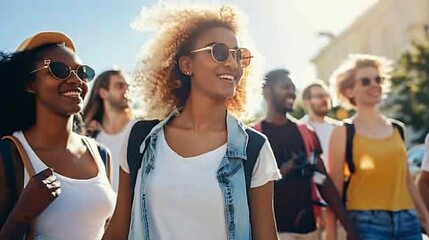 Multiethnic friends having fun walking on city street  Group of young people enjoying summer vacation together  Friendship concept with guys and girls hanging outside on a sunny day : Generative AI