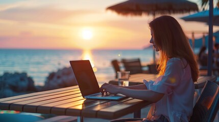 Poster - Young business woman working at the computer in cafe on the rock Young girl downshifter working at a laptop at sunset or sunrise on the top of the mountain to the sea working day : Generative AI