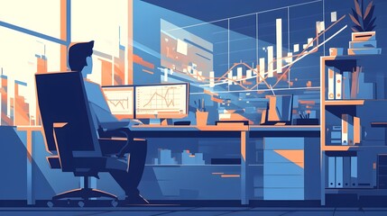 Aufkleber - Businessman in Modern Workspace Analyzing Financial Growth and Market Trends