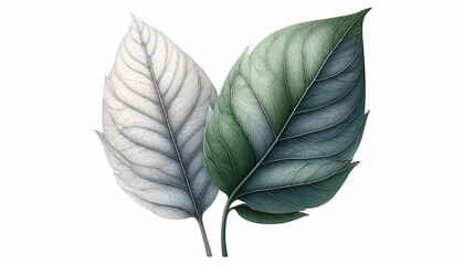 A beautifully detailed illustration of two leaves, one showing a delicate gradient from white to gray and the other from light to dark green