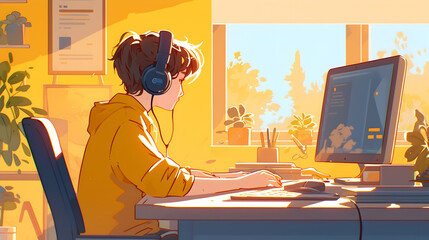 Aufkleber - Young Student Wearing Headphones Working at Desk with Computer Monitor in Modern Flat Design Style