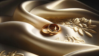 a romantic and elegant image of two golden wedding rings lying on a smooth white silk fabric with de
