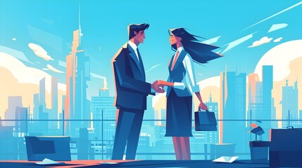 Aufkleber - Businesspeople Shaking Hands in City Skyline Corporate Partnership and Deal Concept