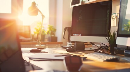 Fototapete - Designers desk with responsive web design concept : Generative AI