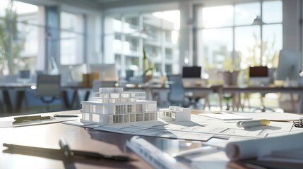 Poster - Empty office with building model and tools to design construction layout for urban project Nobody in architectural space with maquette and 3d real estate property plan Modern developme : Generative AI
