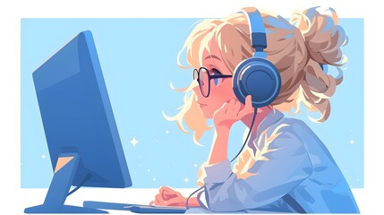 Aufkleber - Young Woman Using Computer with Headphones in Modern Workspace
