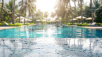 Poster - Empty white marble stone table top and blurred swimming pool in tropical resort in summer banner background  can used for display or montage your products : Generative AI