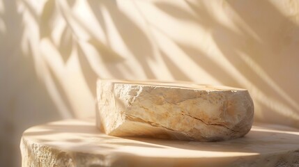 Aufkleber - Beige concept product display podium Rock Stone with blurred background with sunlight shadow : Generative AI