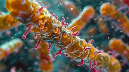 Poster - Intricate Microscopic Structures of Colorful Bacterial Organisms Revealed in Detailed Scientific Laboratory Imagery