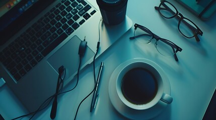Poster - Desk with laptop eye glasses earphone pen and a cup of coffee Top view with copy space : Generative AI