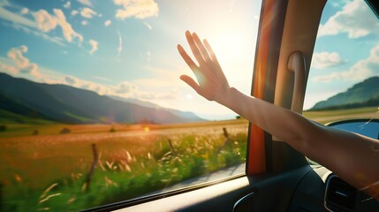 Wall Mural - Happy woman waving hand outside open window car with meadow and mountain background Female lifestyle relaxing as traveler on road trip in holiday vacation Transportation and travel : Generative AI
