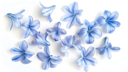 Poster - Blue hyacinth flower petals isolated on white background Spring garden flowers bouquet Easter decoration Design element Top view flat lay Creative layout : Generative AI