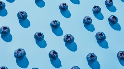 Aufkleber - Fresh berries blueberry on blue background Colorful fruit pattern of blueberries as background Creative berries concept Flat lay top view copy space : Generative AI