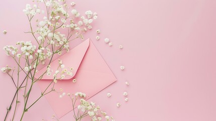 Wall Mural - Birthday party invitation concept Top view photo of pink envelope paper card and white gypsophila flowers on isolated pastel pink background with blank space : Generative AI