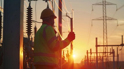 Poster - An electrician at a high voltage power plant works with a project at sunset in the sky electrical energy design industry concept modern business technology an engineer in the glare of  : Generative AI