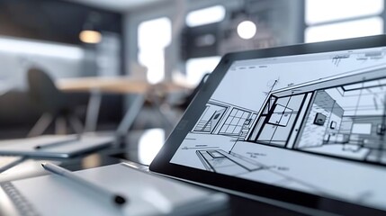 Leinwandbilder - interior layout plan on tablet computer : Generative AI