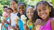 © Jullia - Summer Joy: A Group of Diverse Children Enjoying Ice Cream Cones in the Park. horizontal banner