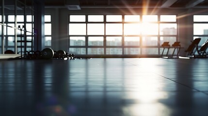 Aufkleber - Gym interior and empty space or dark room with window and light flare for exercise training and fitness workout No people sports club and floor layout of exercising venue facility and  : Generative AI