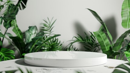 Aufkleber - White round template podium mockup for natural organic cosmetic product presentation ad concept on green eco forest fresh leaves nature flatlay background trendy stylish minimalist fla : Generative AI